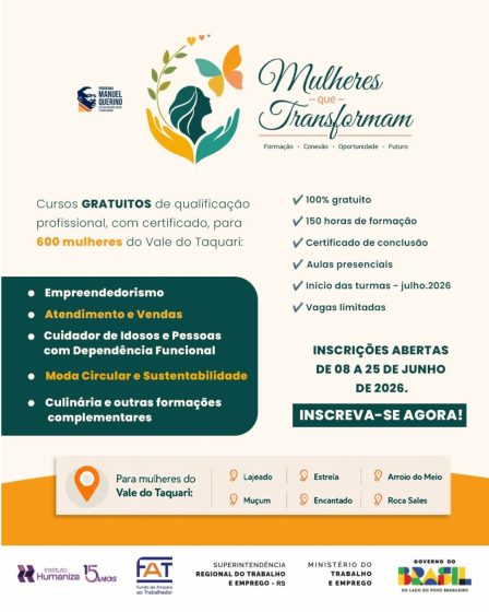 Roca Sales abre inscrições para cursos gratuitos de qualificação profissional destinados a mulheres