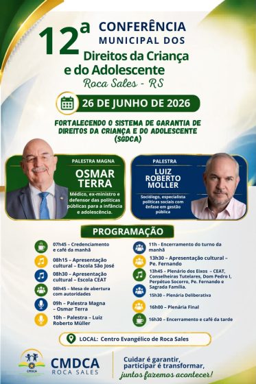 Roca Sales realiza 12ª Conferência Municipal dos Direitos da Criança e do Adolescente no dia 26 de junho